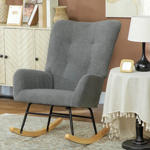 Grey Teddy Rocking Chair Armchair with Wood Base for Lounge Bedroom