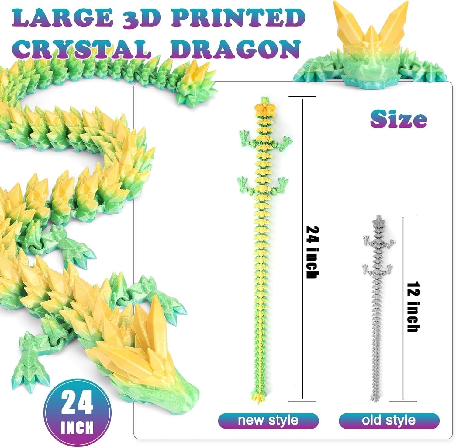 Large 3D Printed Rainbow Crystal Dragon Articulated Fidget Desk Decor