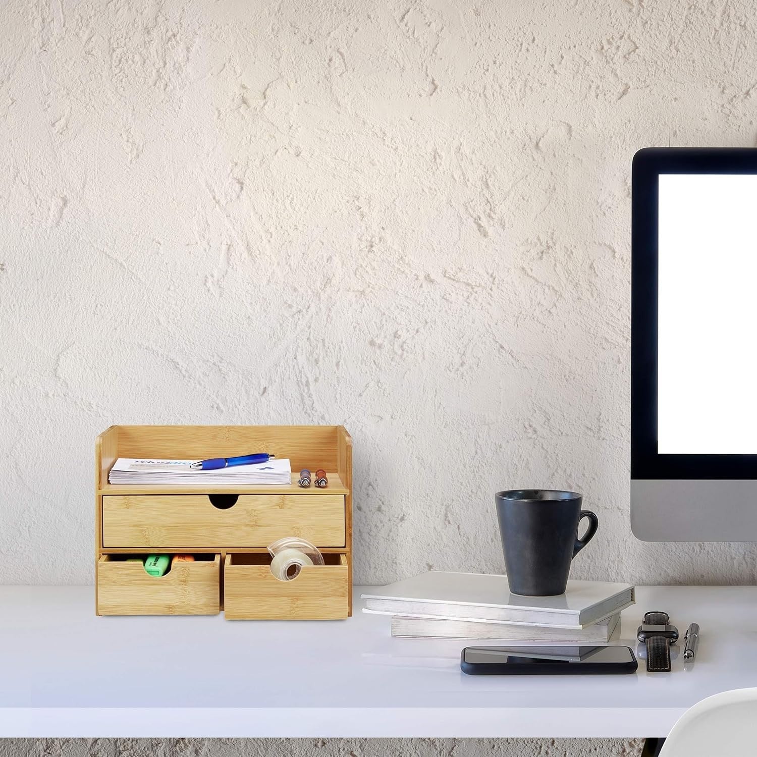 Bamboo Desk Organiser with 3 Drawers & Letter Tray – Compact Office Storage