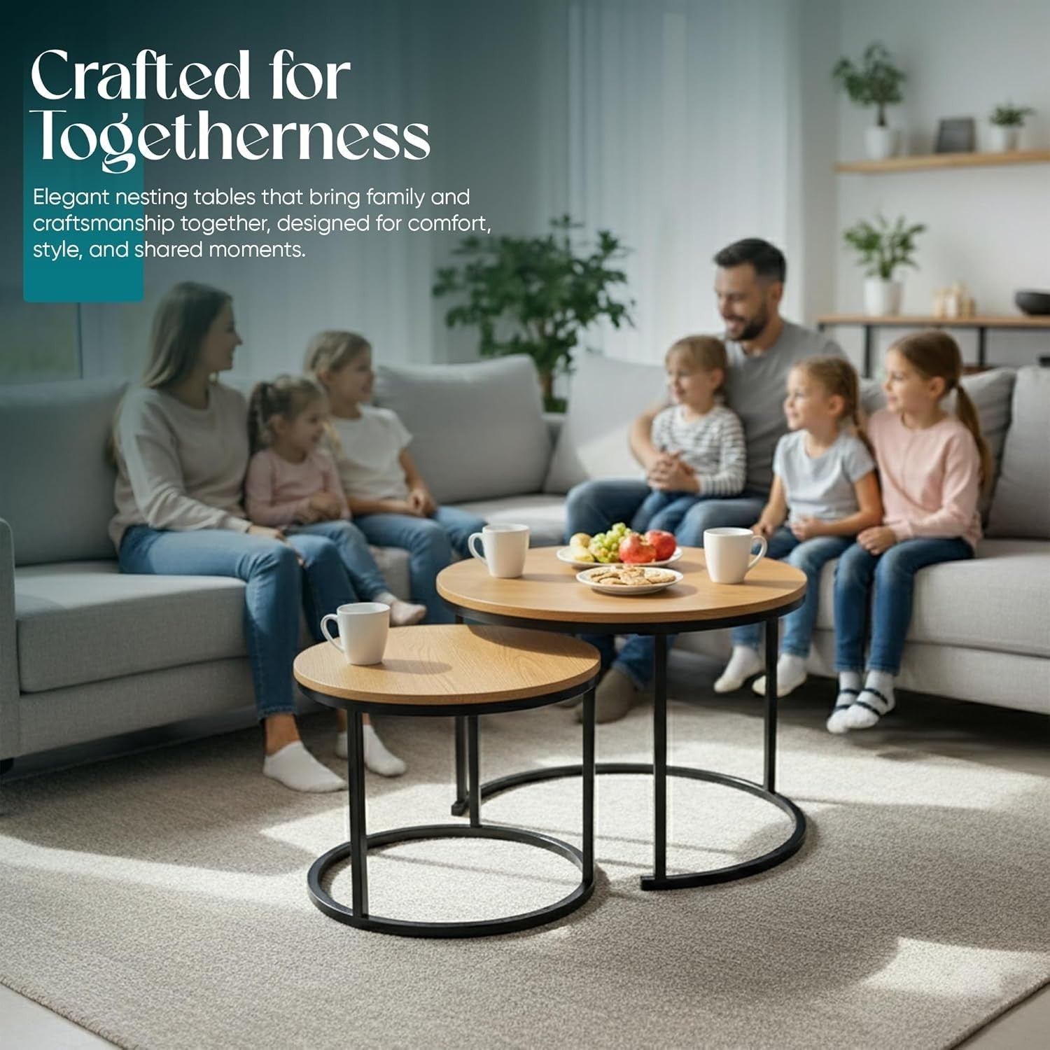 Round Nested Coffee Table Set Oak Wood Stackable Space Saver Living Room End Tab