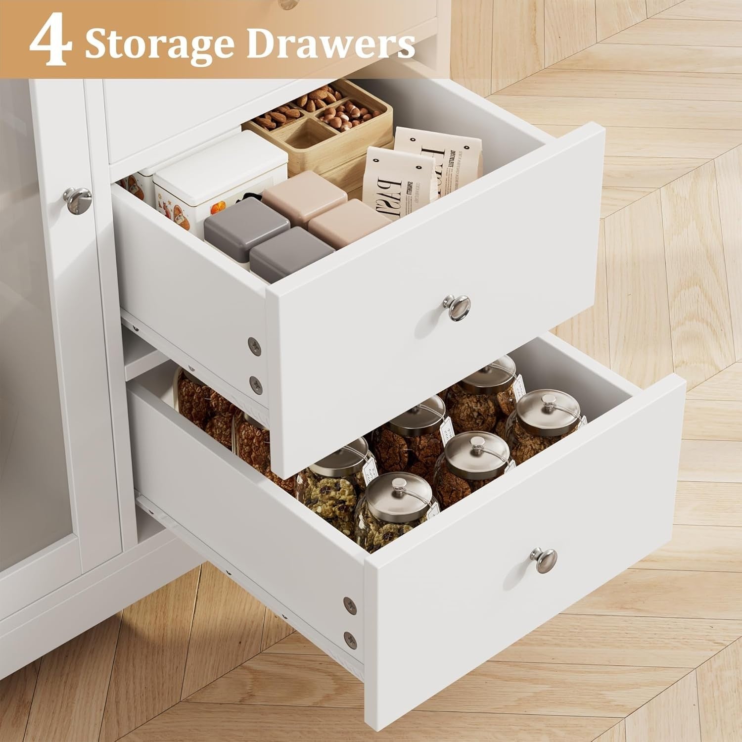 Tall Kitchen Cupboard White 3-Door 4-Drawer Storage Cabinet Modern