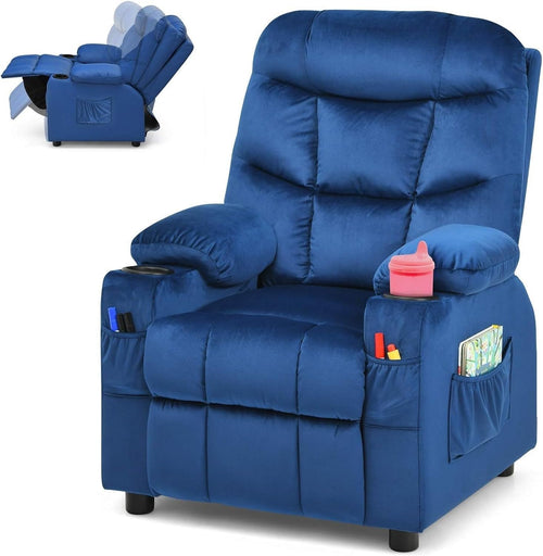 Adjustable Kids Recliner Chair Blue w/ Footrest, Velvet, Cup Holders & Storage
