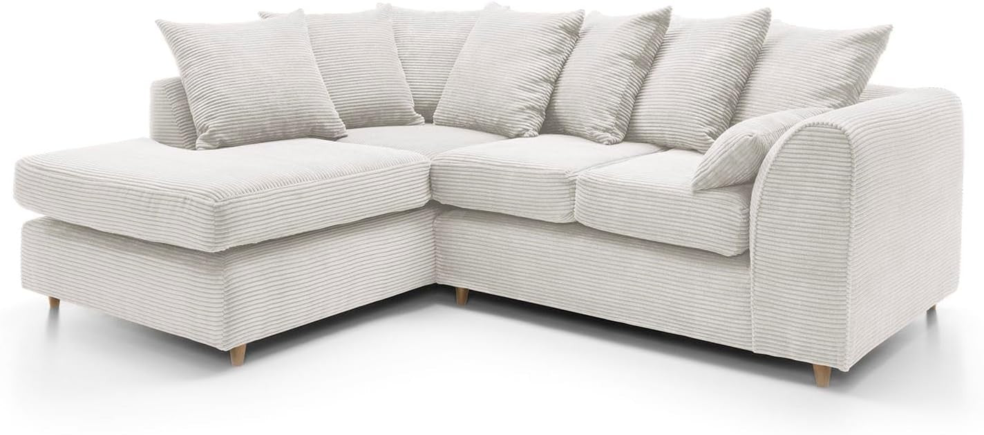 White Jumbo Cord Corner Sofa | L Shape Chaise Lounge | Deep Cushions | 4 Seater