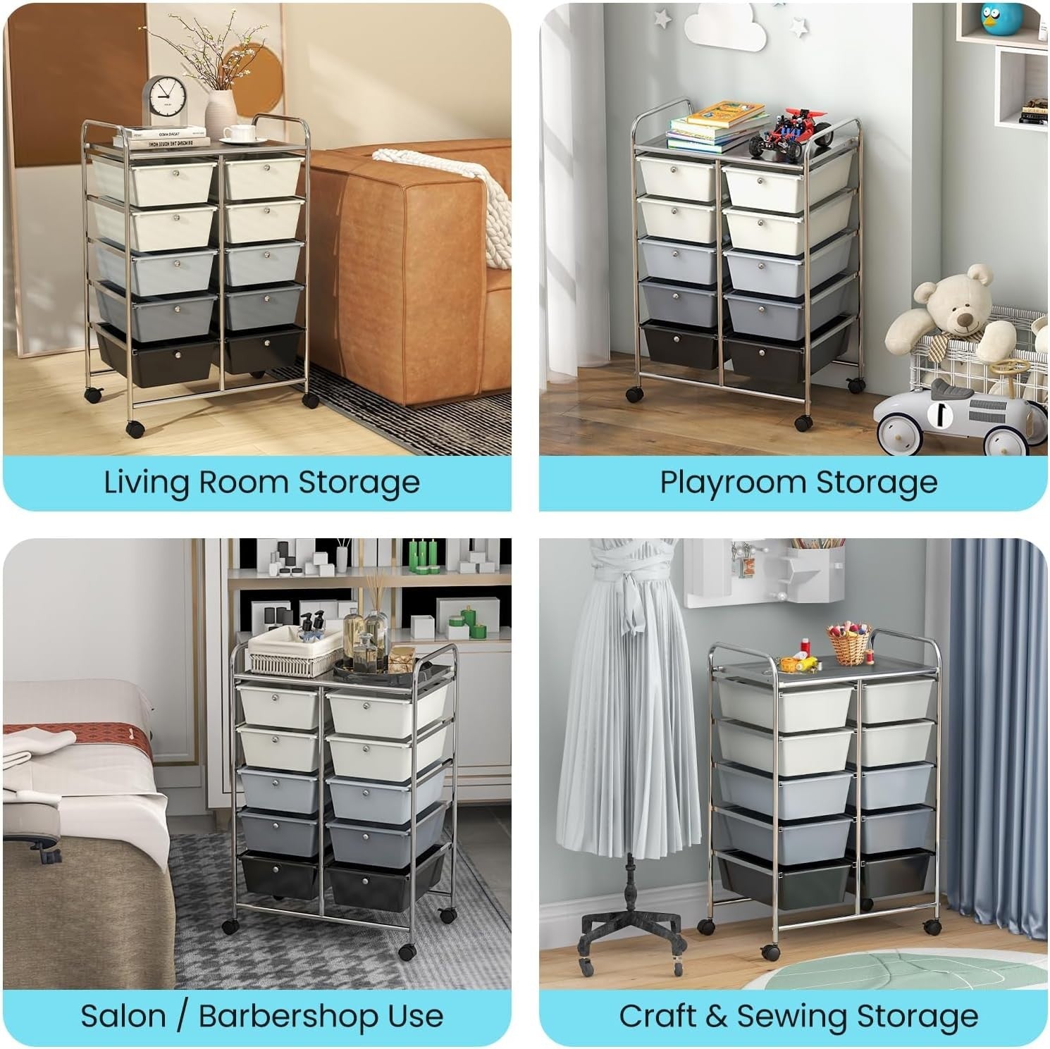 Gradient Grey 10 Drawer Rolling Storage Cart Utility Organizer Trolley