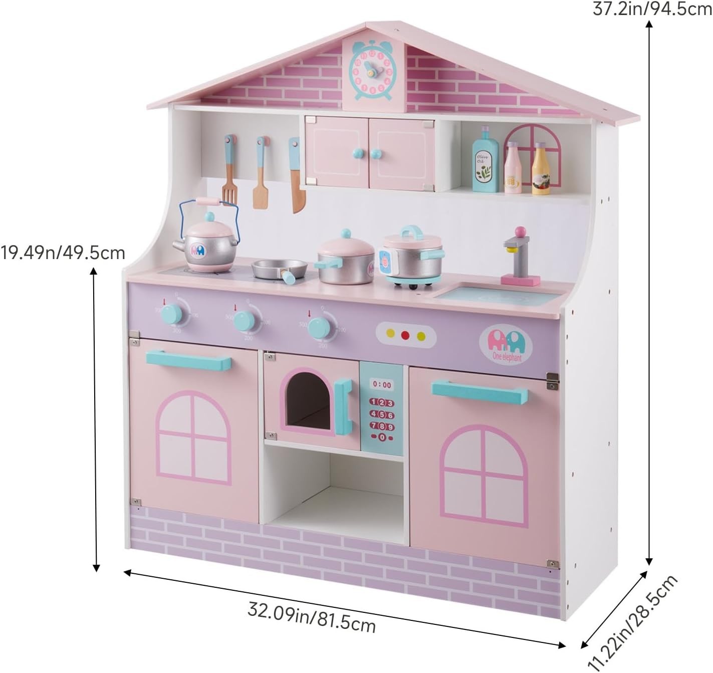 Large Wooden Kids Play Kitchen Pink Purple w/ Microwave Accessories
