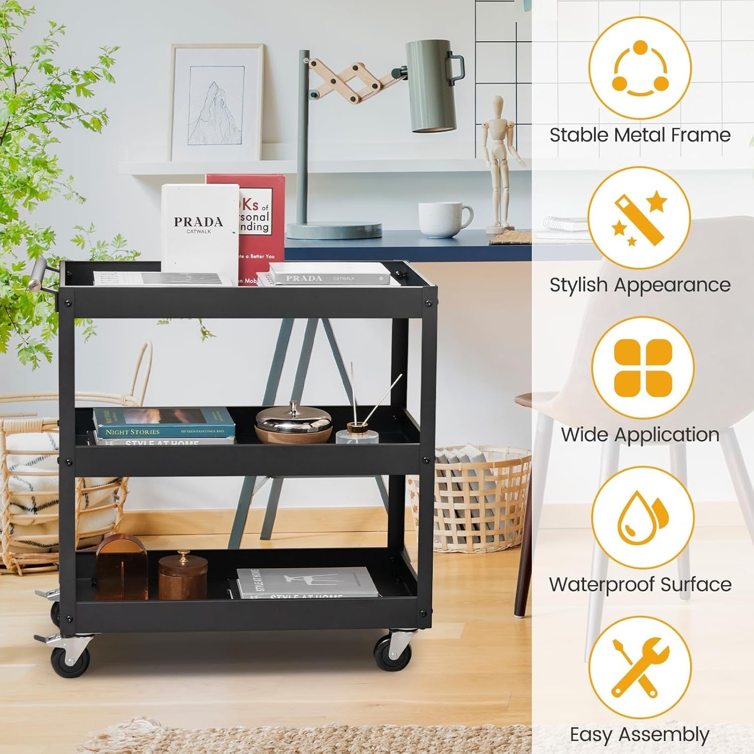 3 Tier Heavy Duty Tool Trolley Rolling Utility Cart Lockable Wheels Black