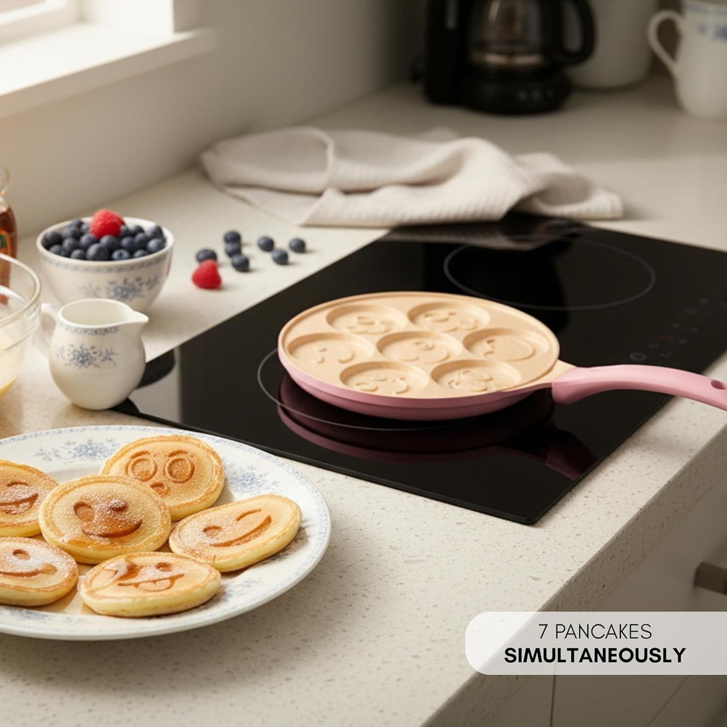 Pink 7 Smiley Pancake Pan 26cm Non-Stick Crepe Maker Induction Safe Soft Grip