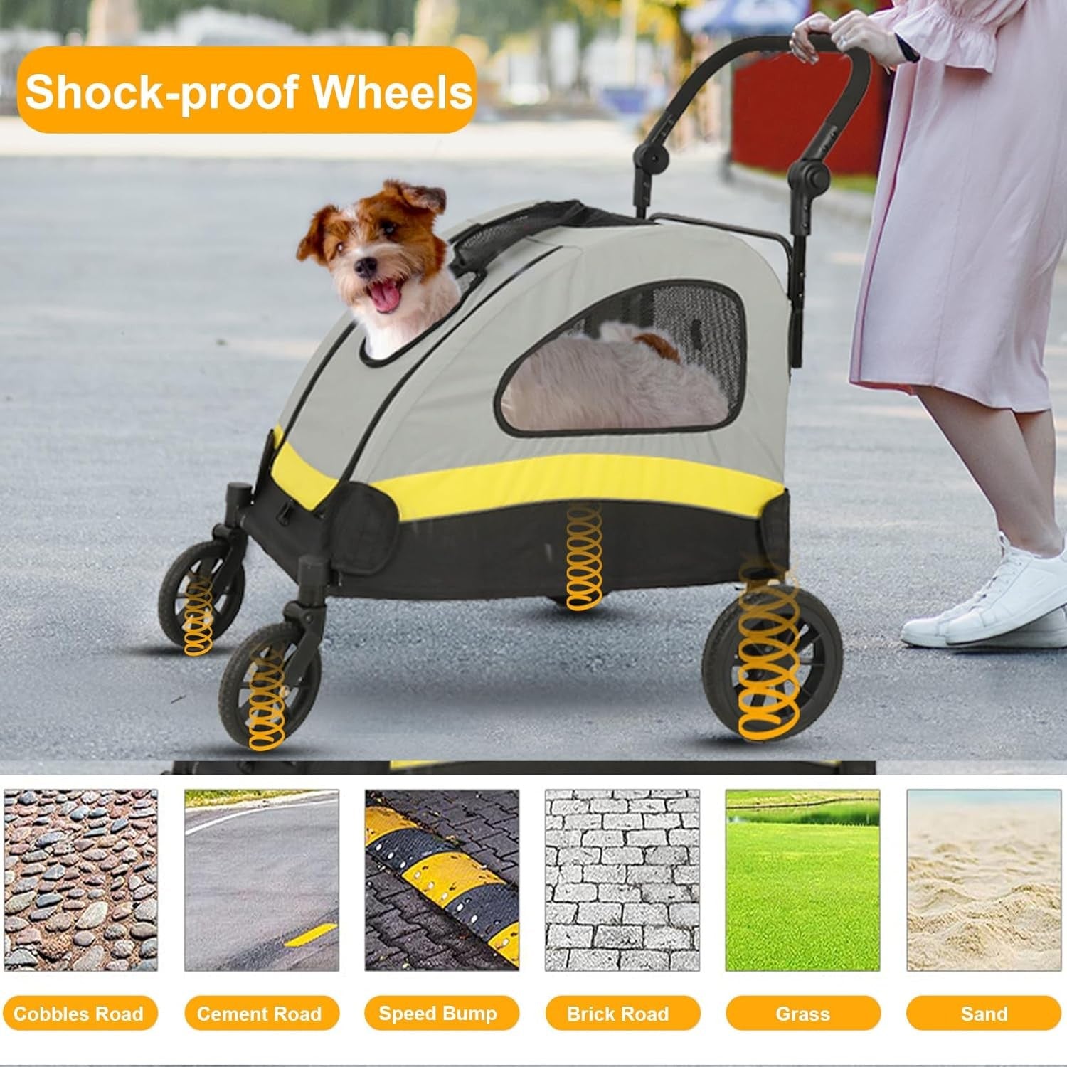 Heavy Duty Pet Stroller with Brakes Oversized Wheels Small Dogs Cats Yellow