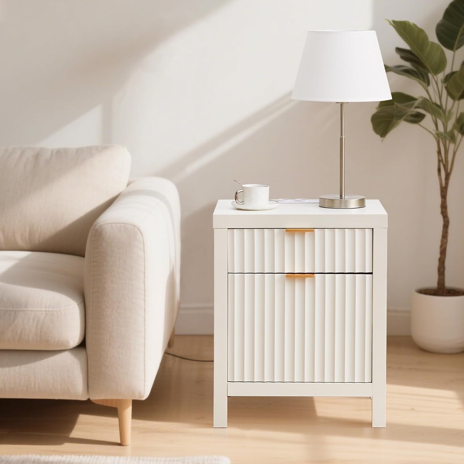 Modern White Bedside Table 2 Drawers with USB Charging Station 71x47x20cm