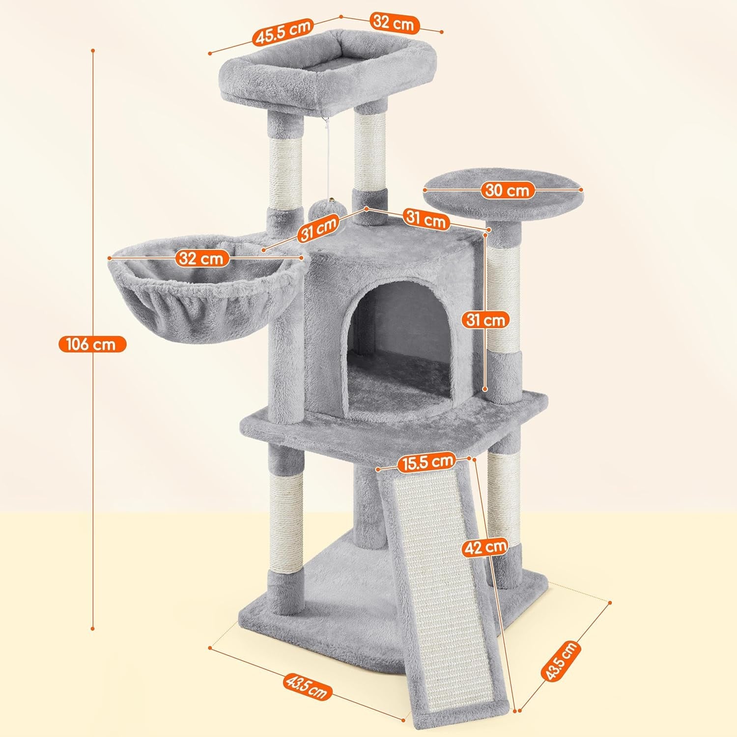 Cat Tree 107cm Climbing Tower With Scratching Posts Condo Basket for Indoor Cats