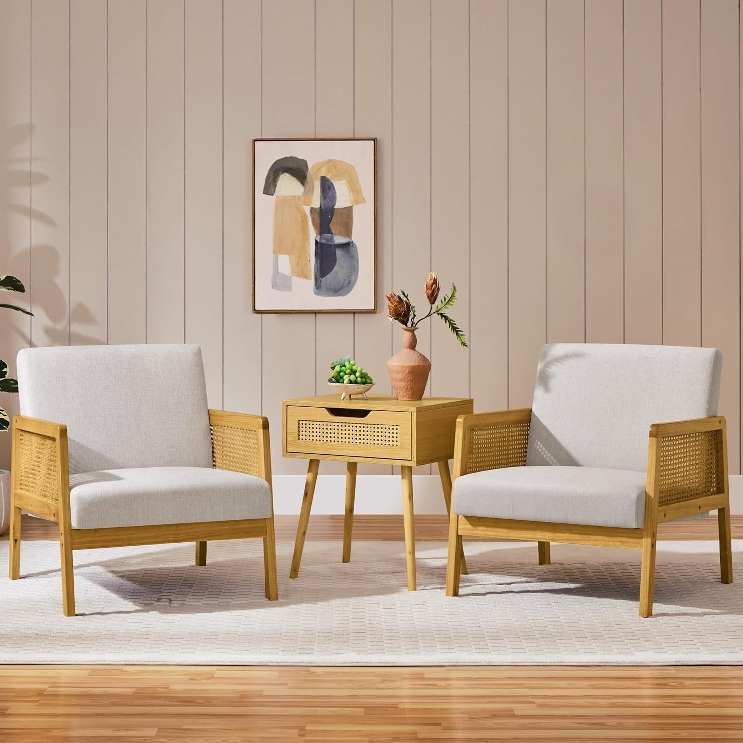 Linen Fabric Accent Armchair Modern Indoor Lounge Chair with Cane Sides