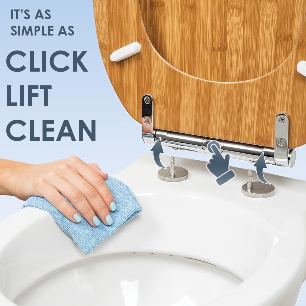 Luxury Bamboo Toilet Seat Soft Close Moulded Wood Stainless Steel Hinges Click