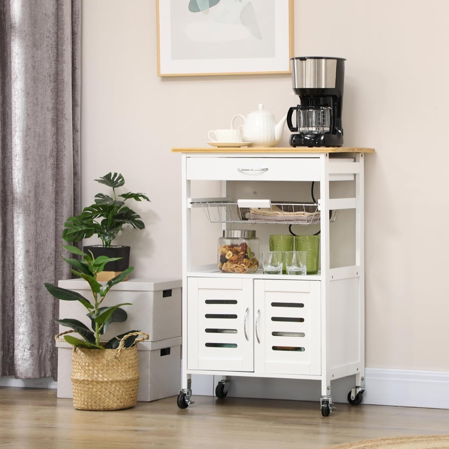 Rolling Kitchen Island Cart with Bamboo Top, Storage Drawer & Wire Basket