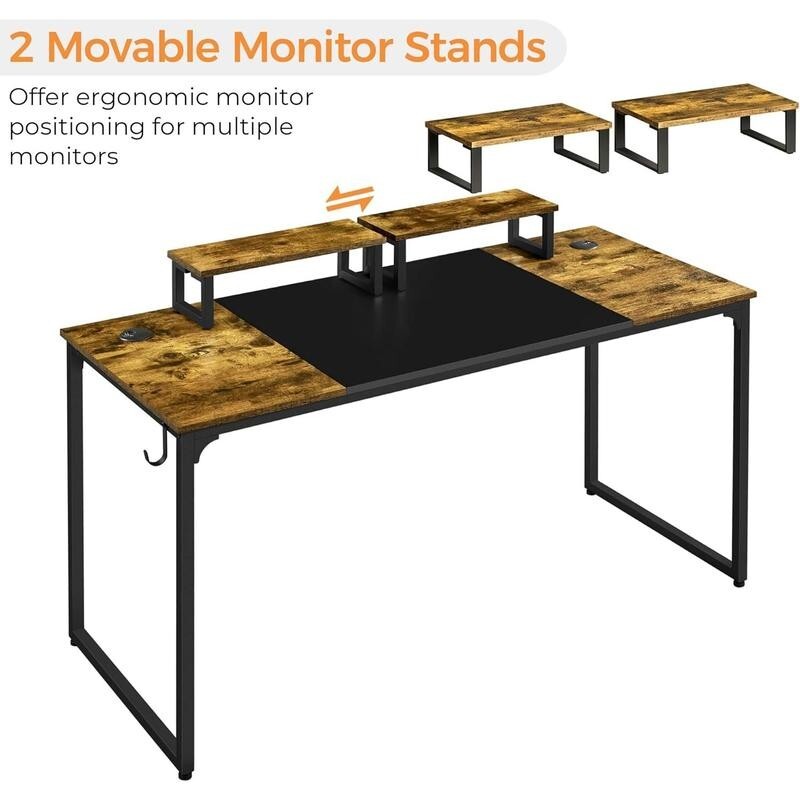 140cm Rustic Computer Desk with Monitor Stand, Cable Ports & Headset Hook