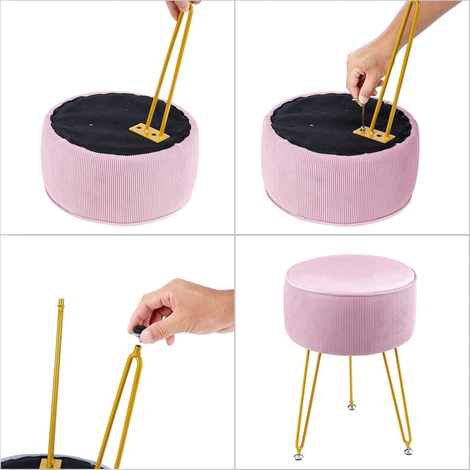 Pink Round Vanity Stool with Padded Seat & Gold Metal Legs – 30x30x43cm