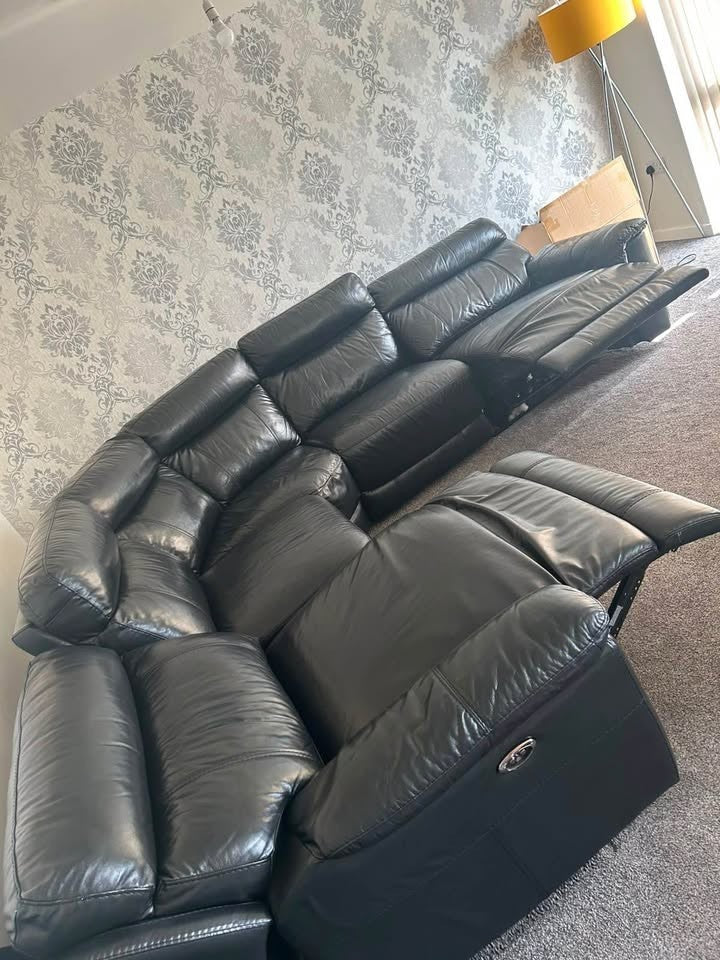 Large Black Reclining Leather Luxe Corner Sofa (PTP)