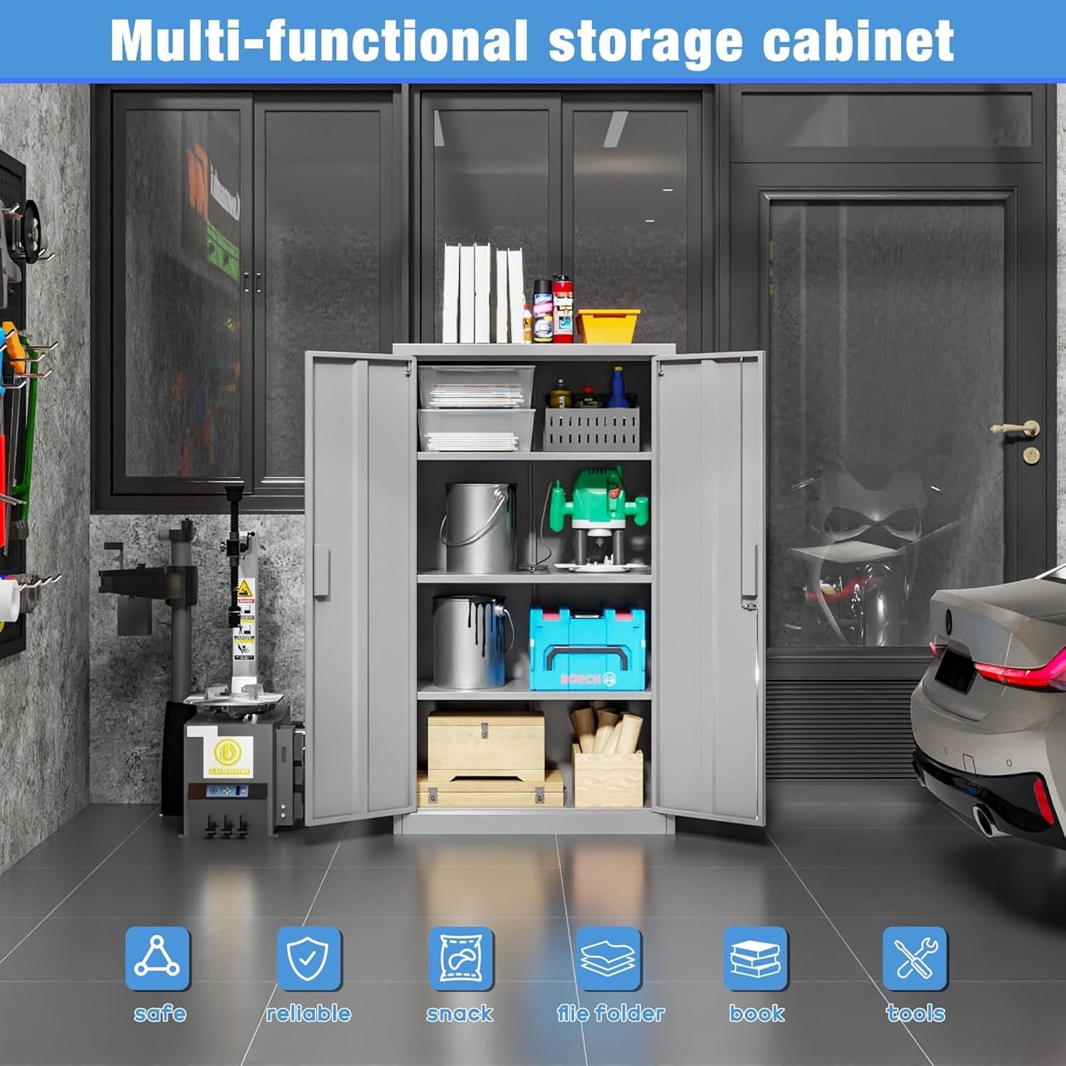 Metal Storage Cabinet 2 Door Lockable Steel Cupboard 3 Adjustable Shelves Grey