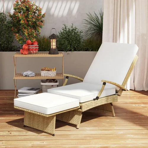 Outdoor Rattan Recliner Chair with Cushions & Footrest, Folding Lounger