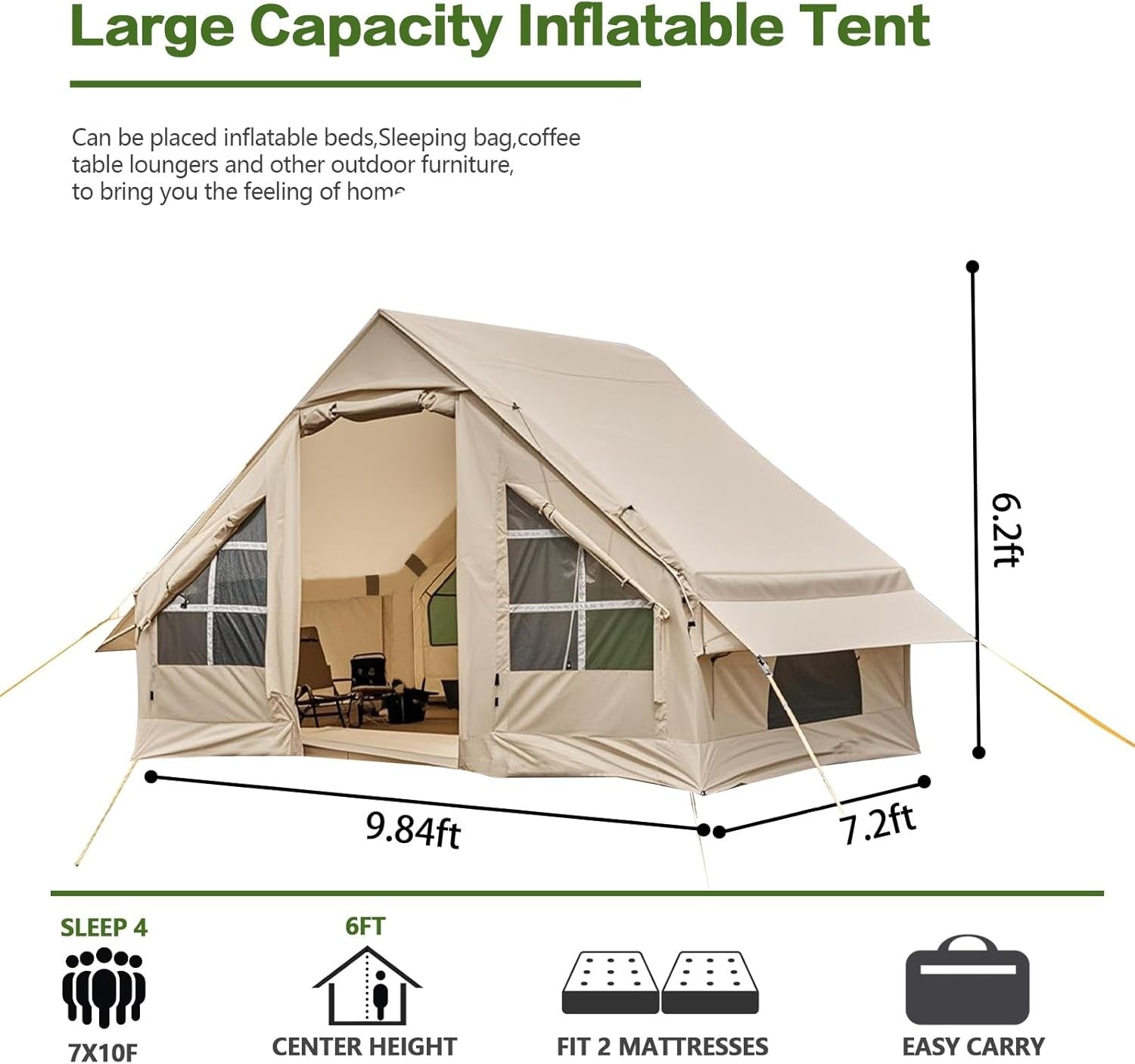4 Person Inflatable Air Tent Waterproof Glamping w Rainfly