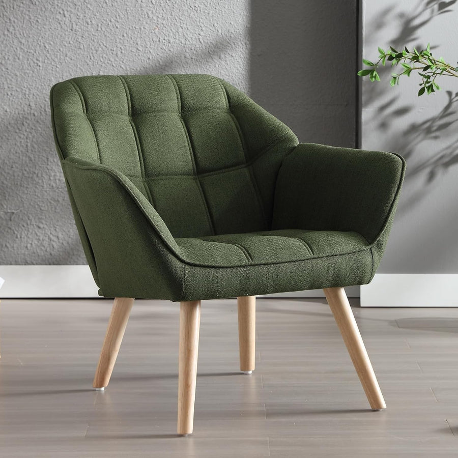 Linen Accent Armchair Green Upholstered Tub Chair Wood Legs