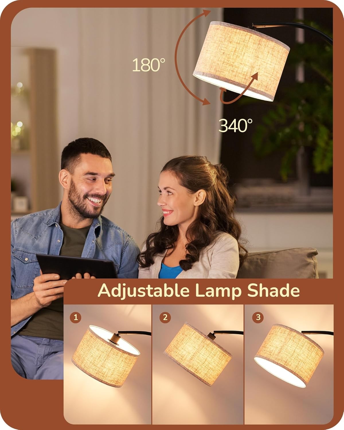 Modern Arc Floor Lamp Adjustable Linen Shade Black Standing Reading Light