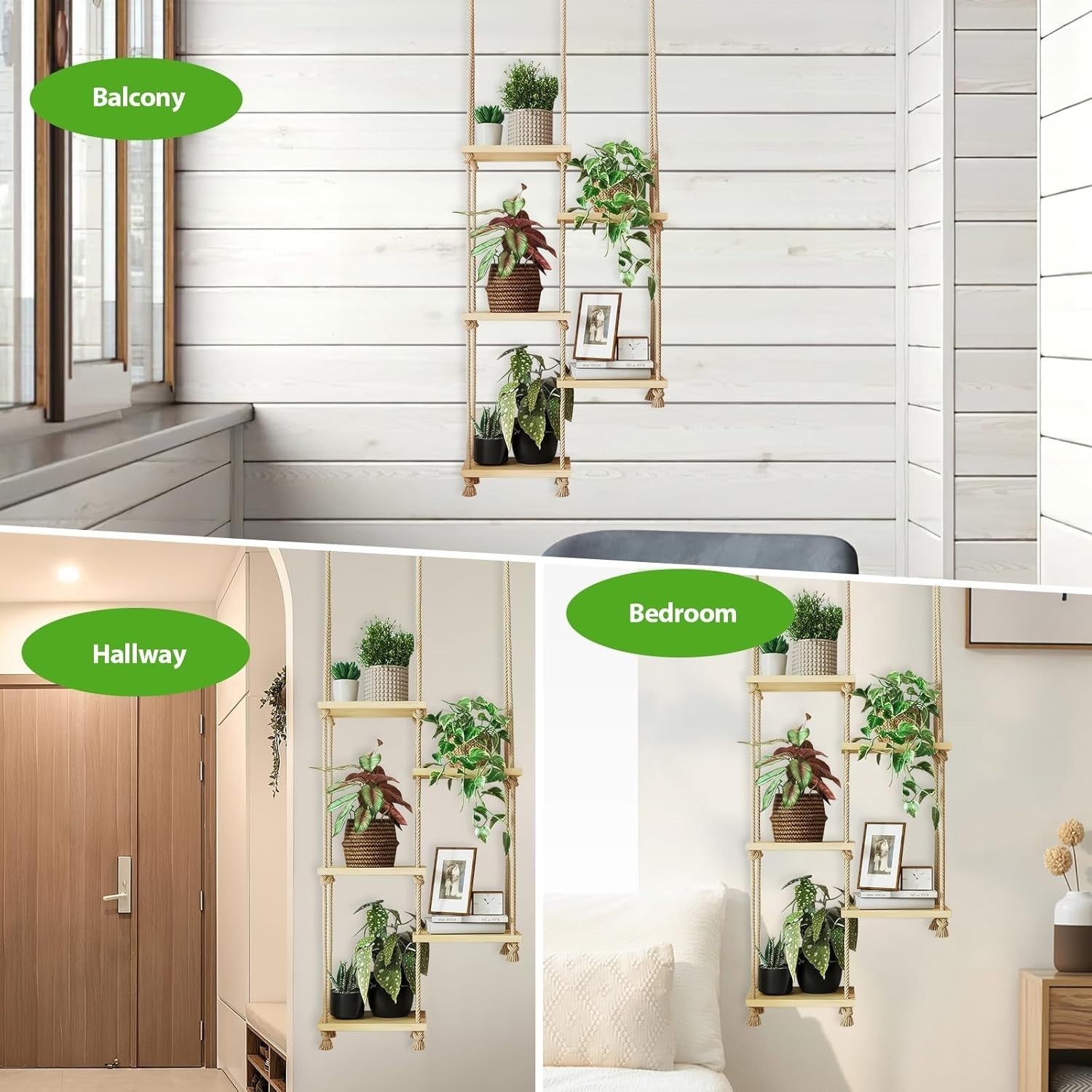 Boho Hemp Rope & Wood Hanging Shelf 5-Tier Wall Display