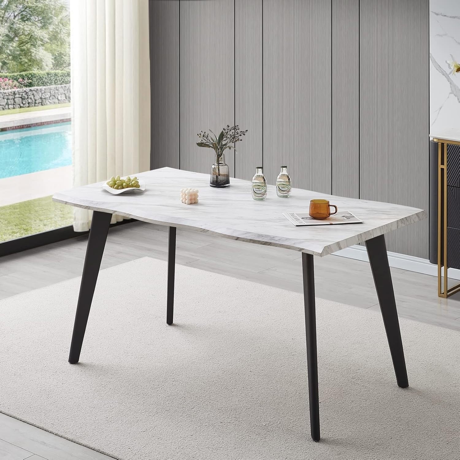 140cm Marble Effect Dining Table Metal Legs 6 Seater Modern Kitchen Room