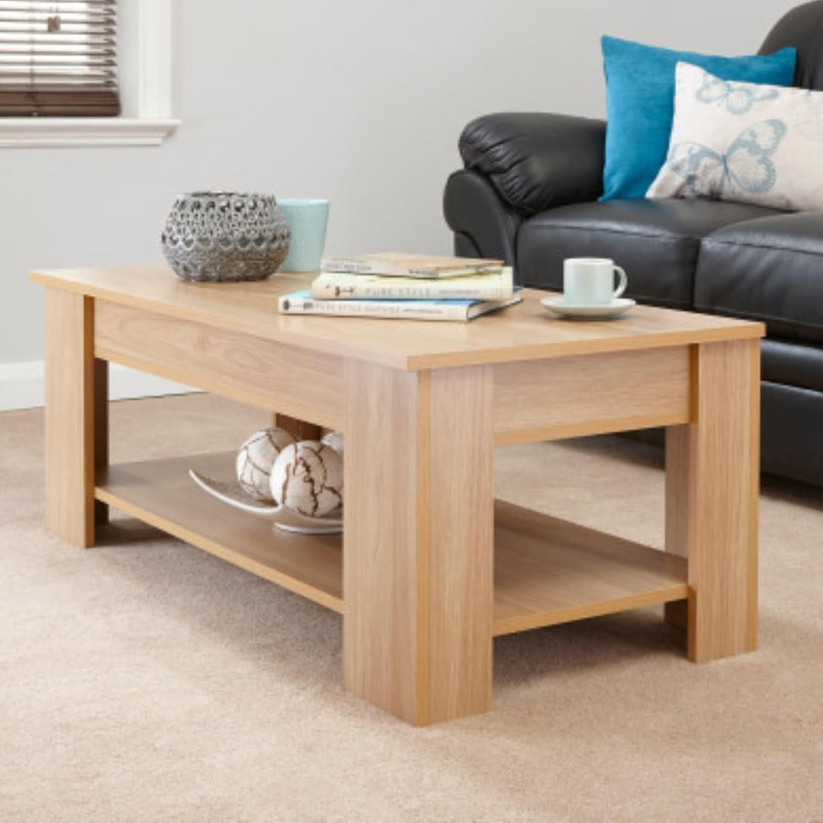 Lift Top Coffee Table with Hidden Storage & Shelf | Oak Wood Effect Modern