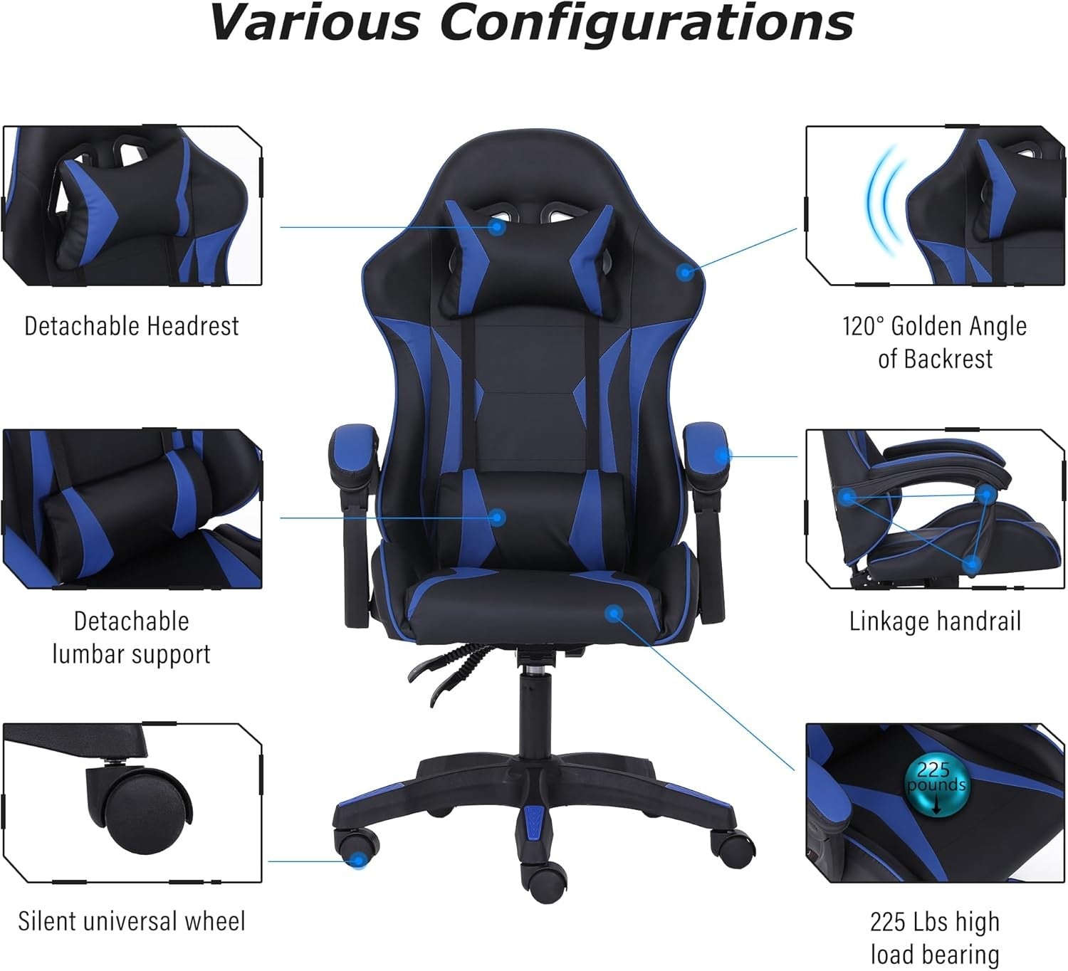 Ergonomic Gaming Chair w/ Lumbar Support Headrest Swivel Blue