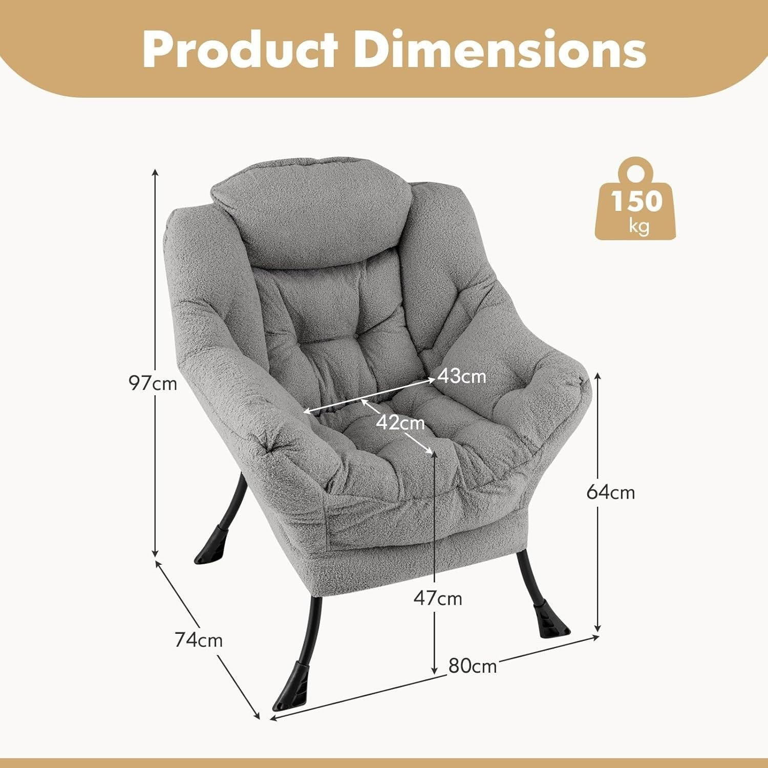 Grey Sherpa Armchair Comfy Reading Chair Lounge Sofa w/ Side Pocket