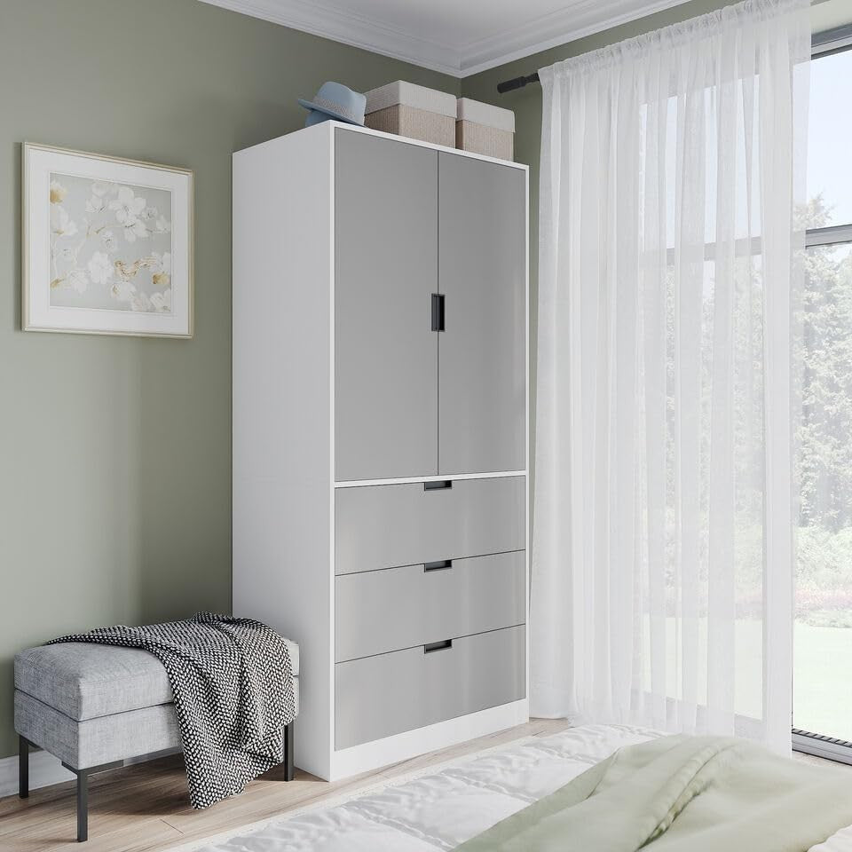 Modern 2 Door 3 Drawer Wardrobe Organizer with Hanging Rail & Storage Shelf