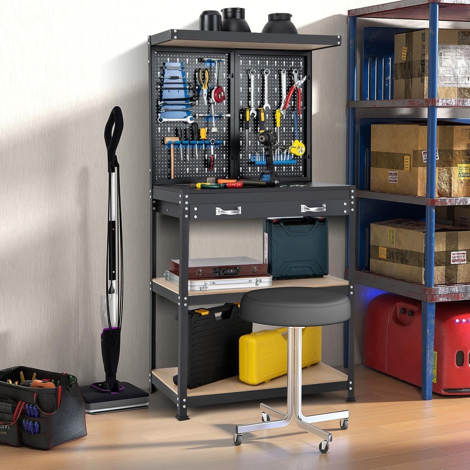Heavy Duty Workbench 81x41x156cm Pegboard Shelves Drawer Metal Garage Table