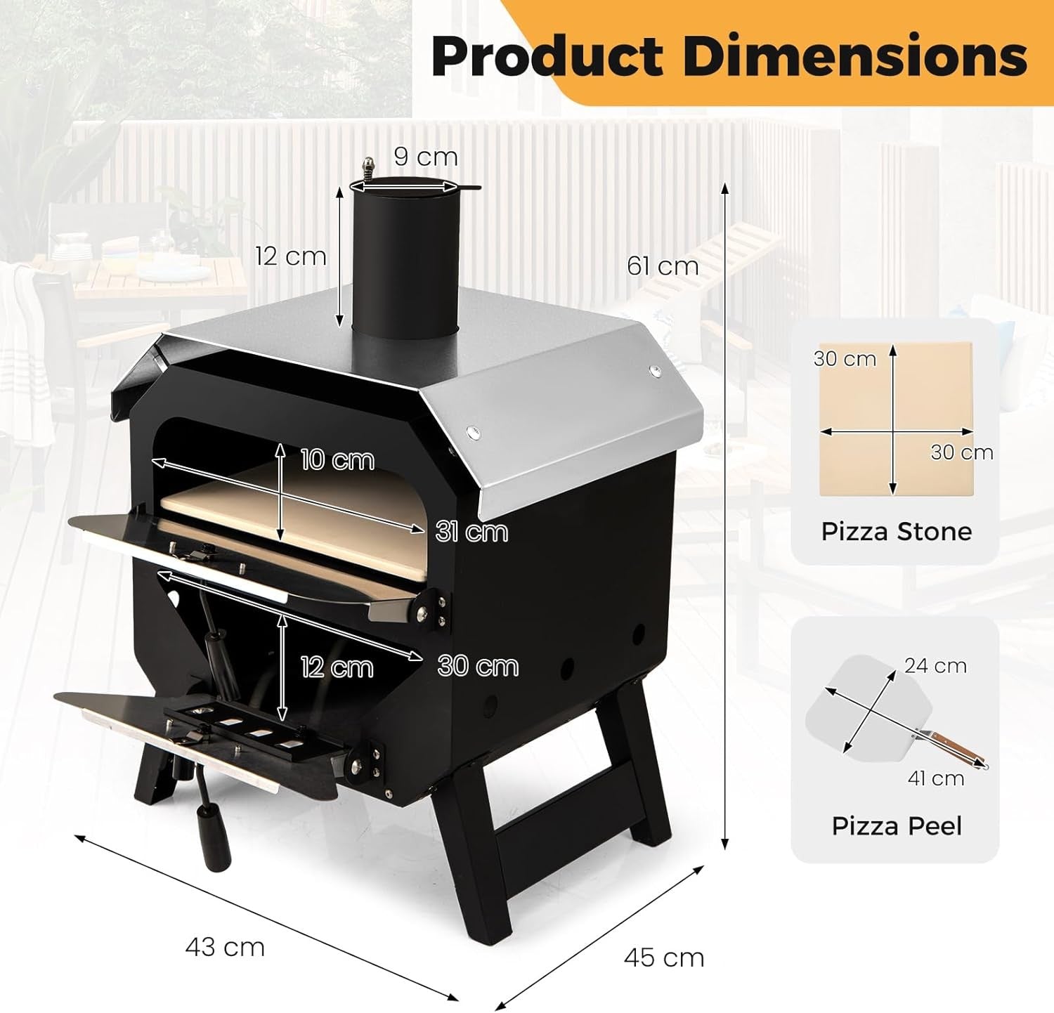 2-Tier Outdoor Wood Fired Pizza Oven BBQ Grill Cooker w Stone Steel Roof 45x61cm