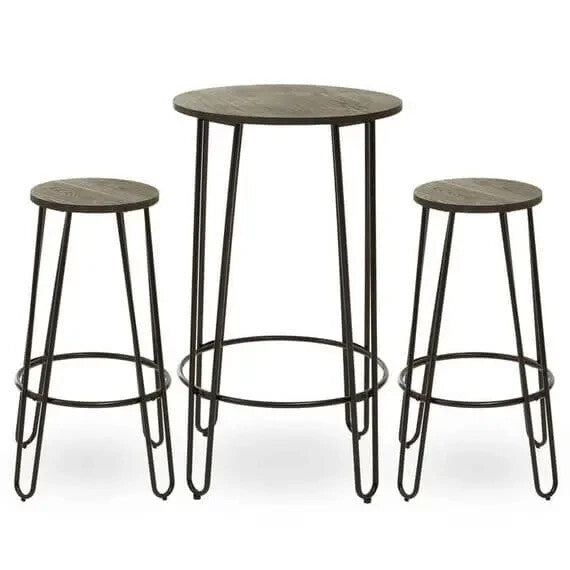 3Pc Bar Table and Stool Set Industrial Elm Wood Metal Pub Dining Set
