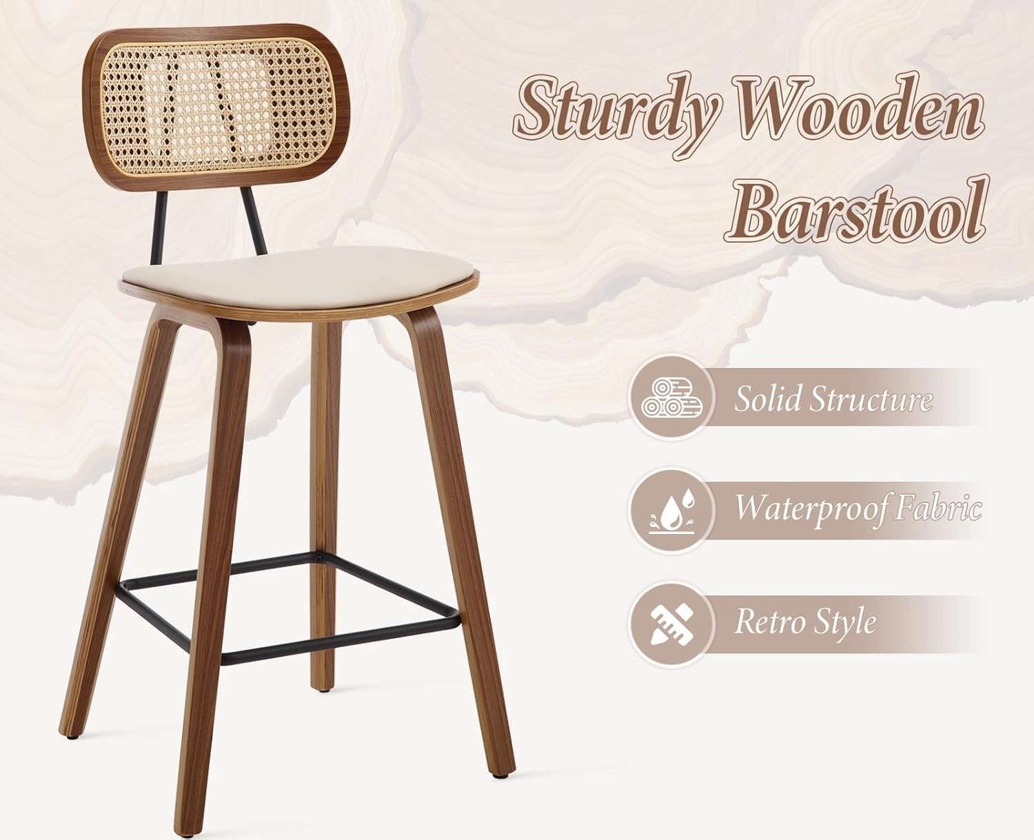 Retro Rattan Bar Stools Set of 2 Beige PU Leather Wooden Kitchen Chairs