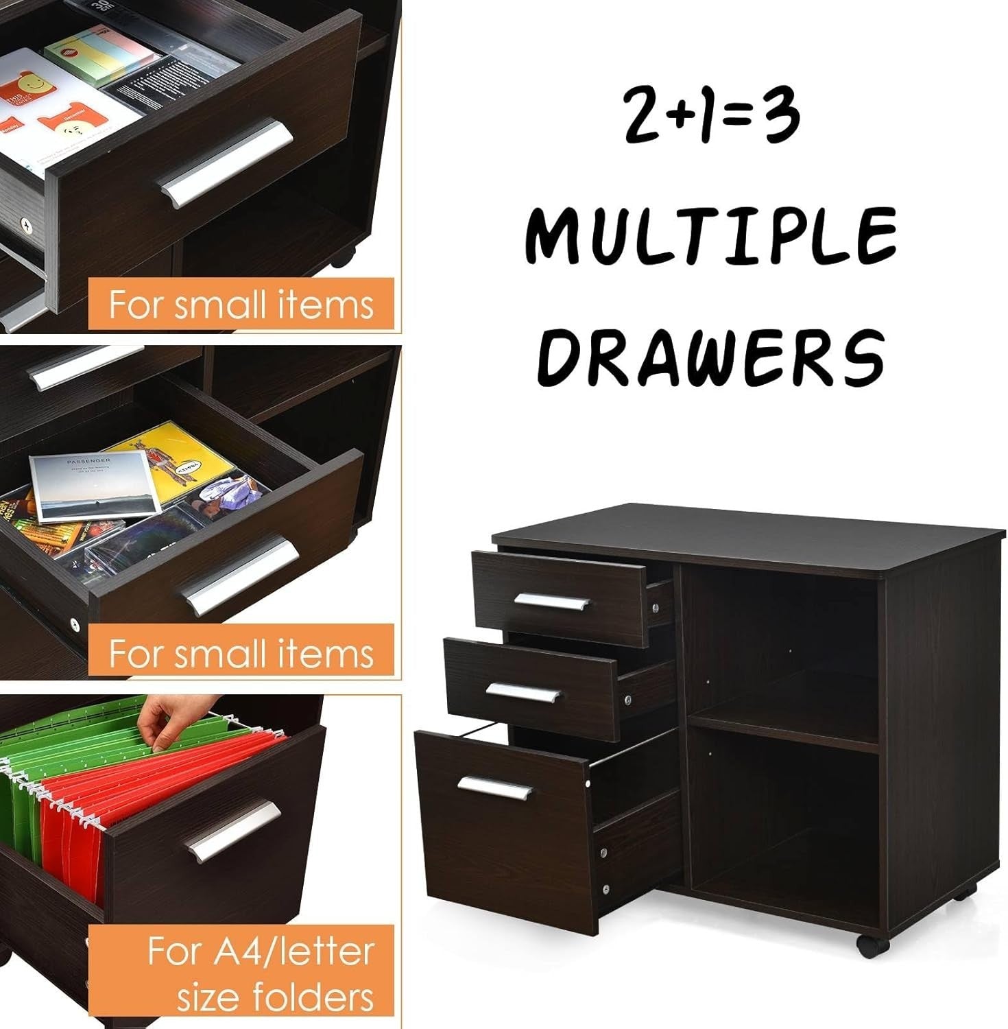 3 Drawer Mobile Filing Cabinet with Shelves Under Desk Office Storage Coffee