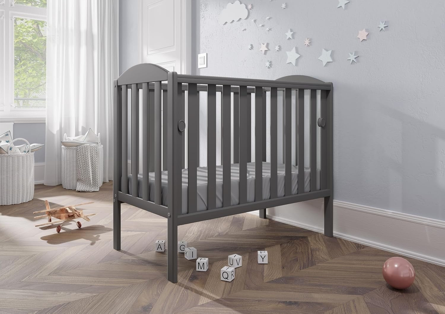 Space Saver Baby Cot with Drop Side Adjustable Height Grey Mini Crib Grey