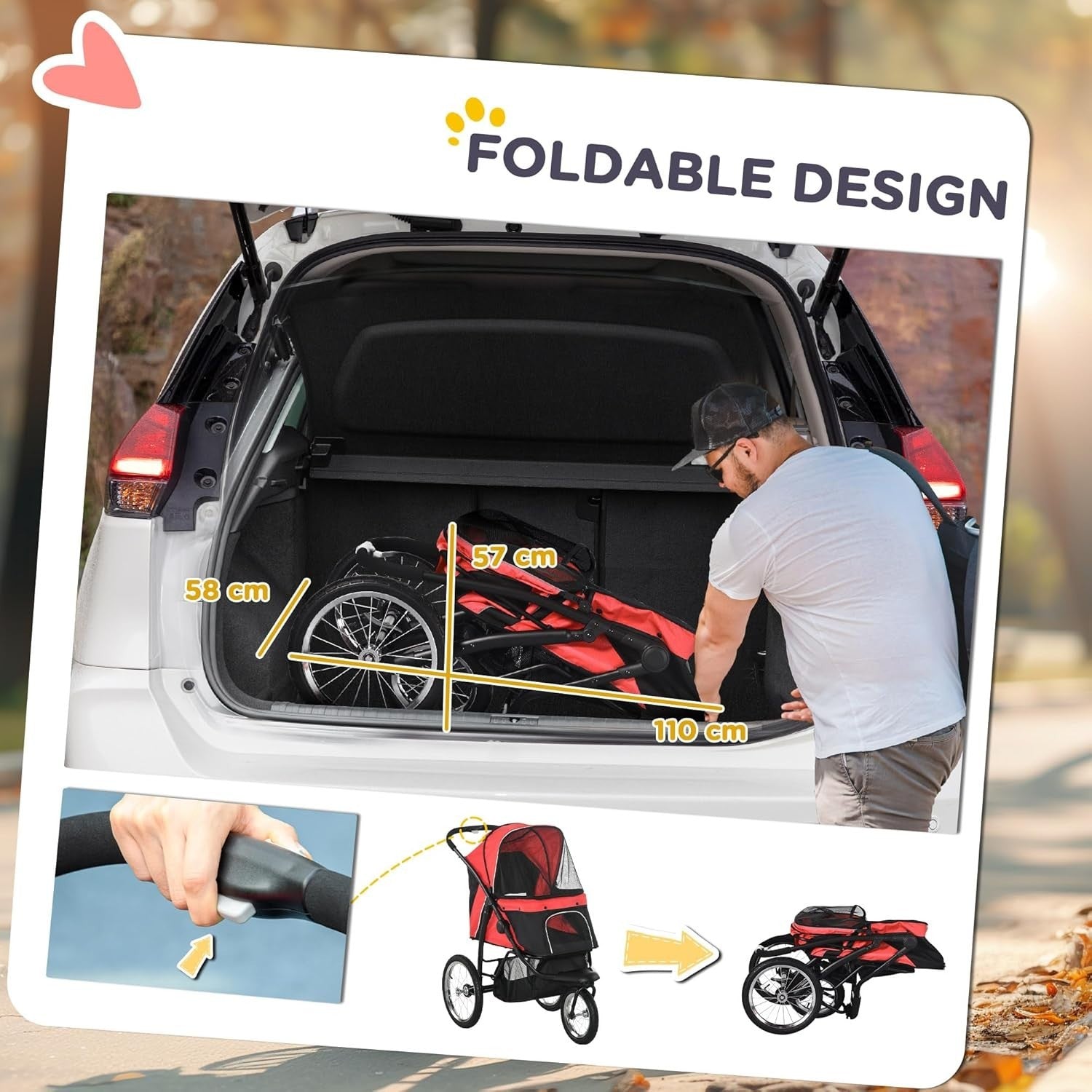 Foldable Dog Stroller Jogger for Small & Medium Pets up to 20kg, 3 Wheel