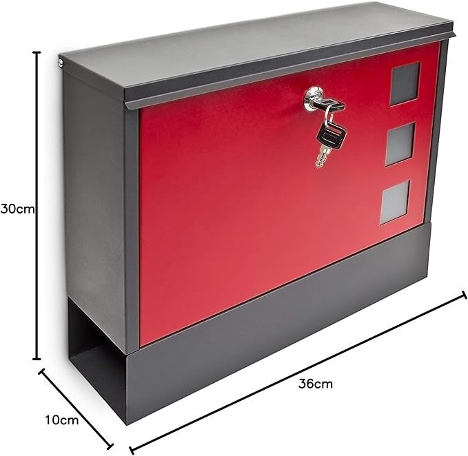 Lockable Wall Mounted Mailbox Black Red Secure Post Box w/ Keys A4 Slot