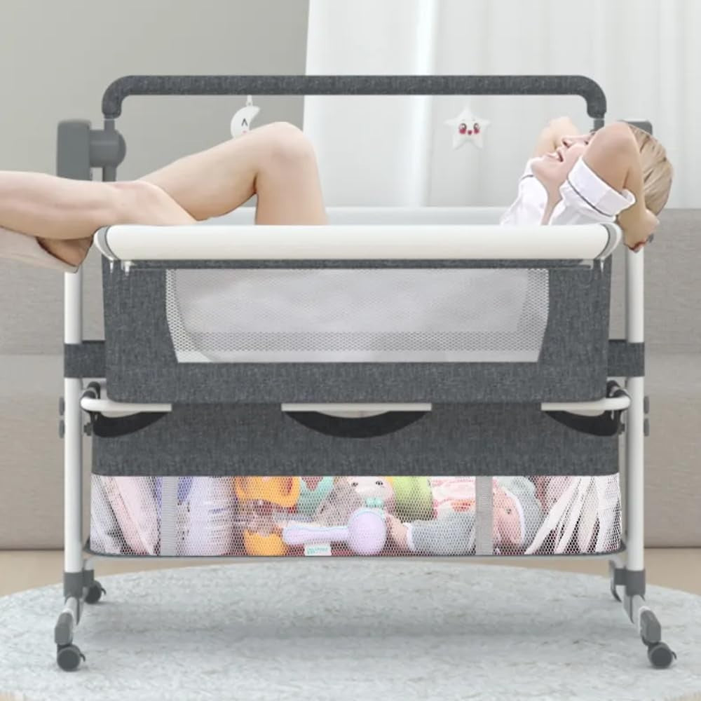 Adjustable Baby Bedside Crib Electric Co-Sleeper with Mattress & Storage Khaki