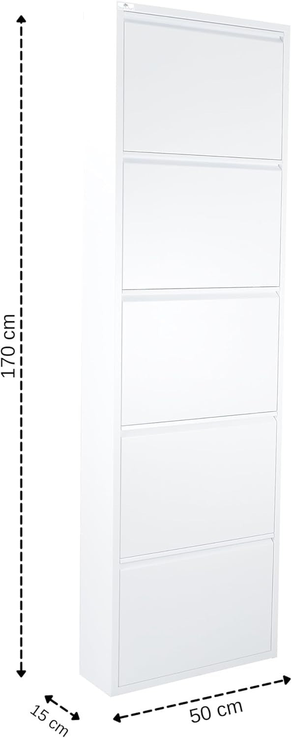 Wall Mounted Slim Shoe Cabinet White – 5-Tier Metal Storage Unit 170cm