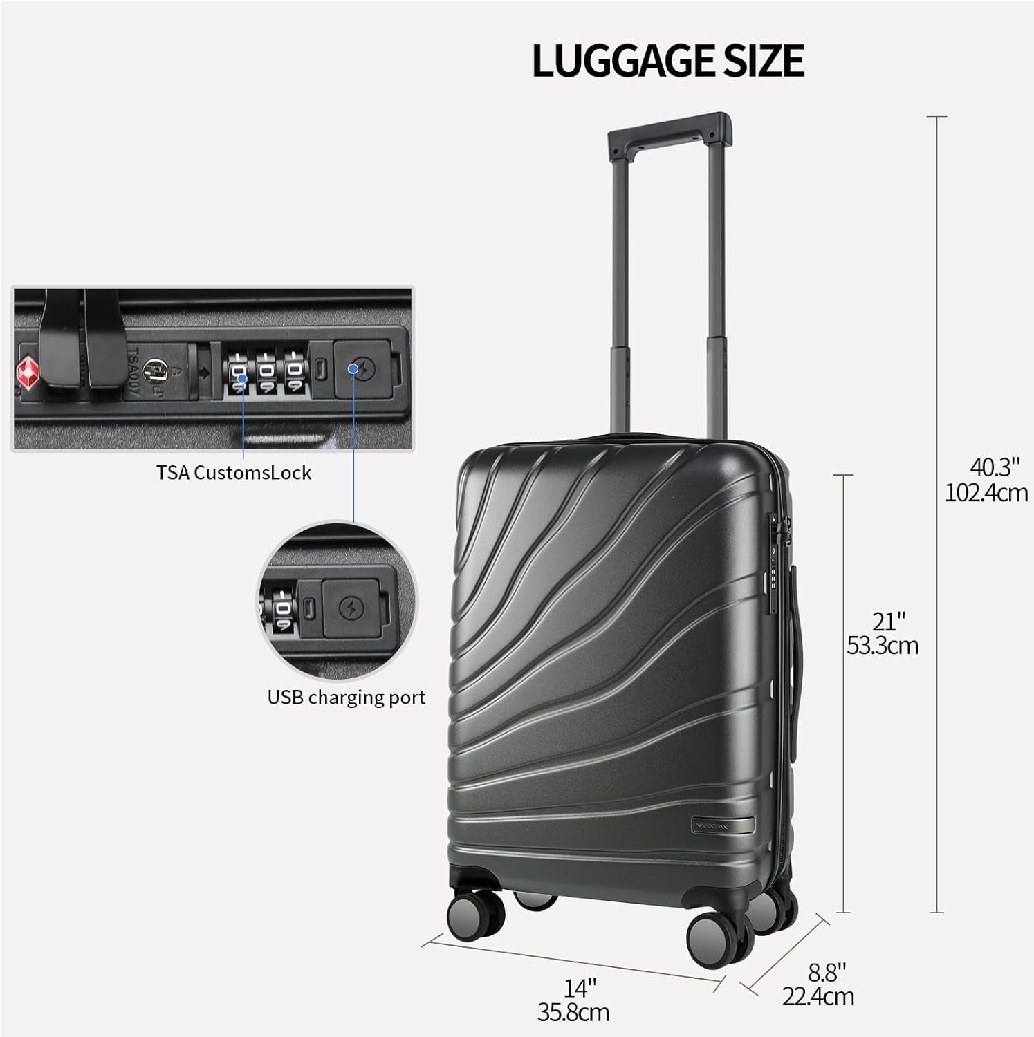 Dark Grey 20 Inch Carry On Suitcase PC Hard Shell Expandable Spinner TSA