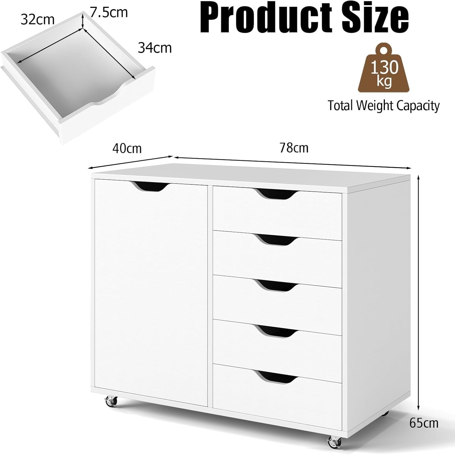 High Capacity Mobile File Cabinet w/ 5 Drawers Side Cupboard Lock Wheels