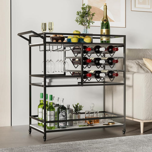 Bar Cart on Wheels with Wine Rack Glass Holder 3 Tier Drinks Trolley