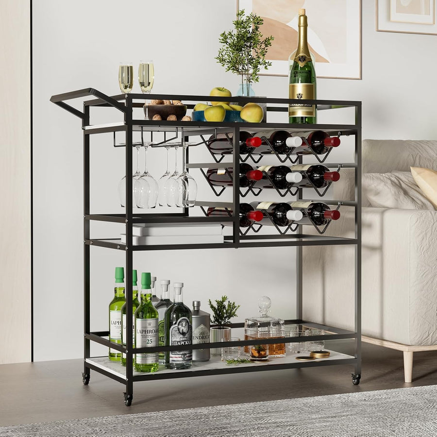 Bar Cart on Wheels with Wine Rack Glass Holder 3 Tier Drinks Trolley