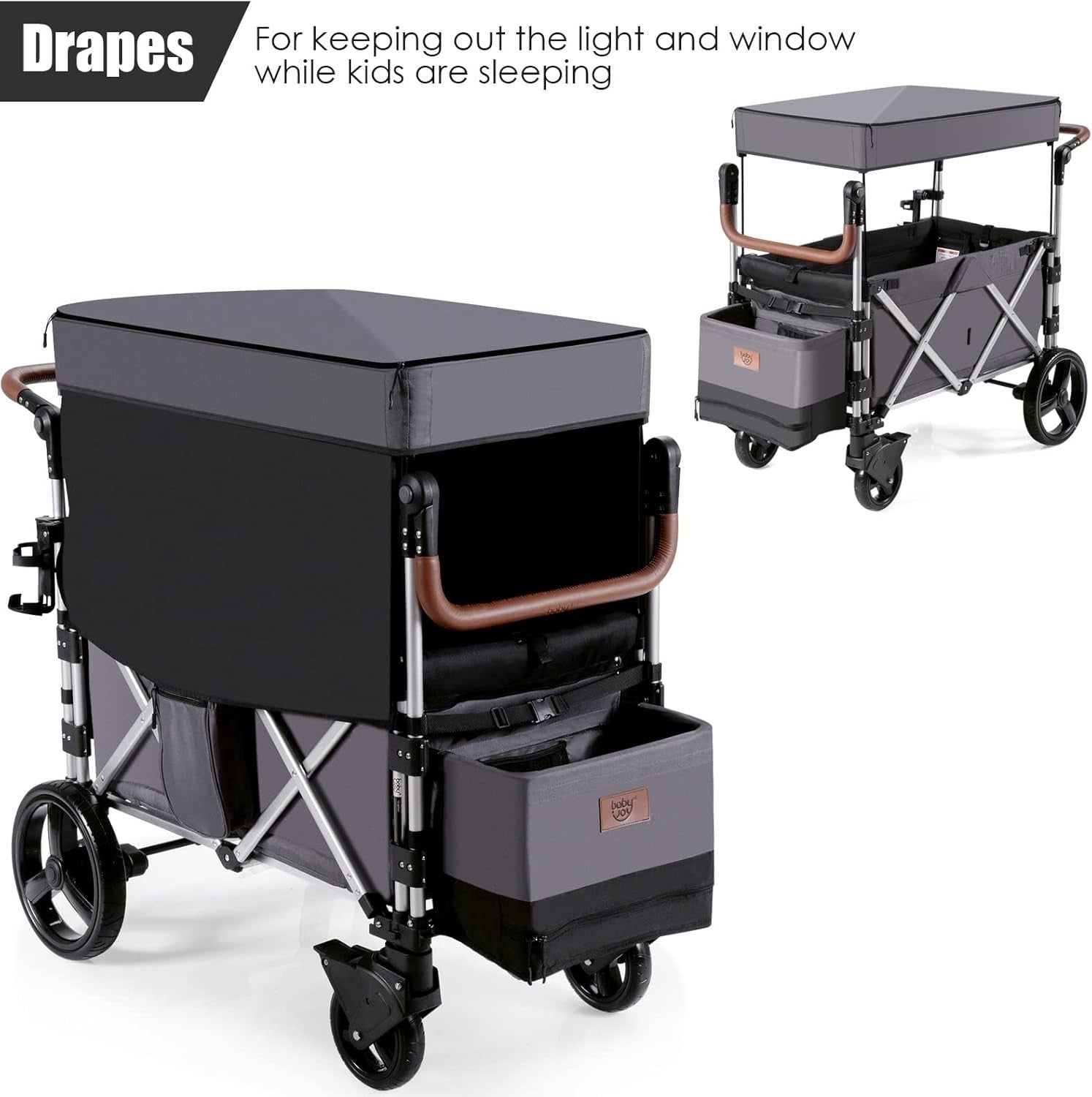 Grey Push Pull Stroller Wagon 2-Seater Folding Cart w/ Canopy 5-Point Harness