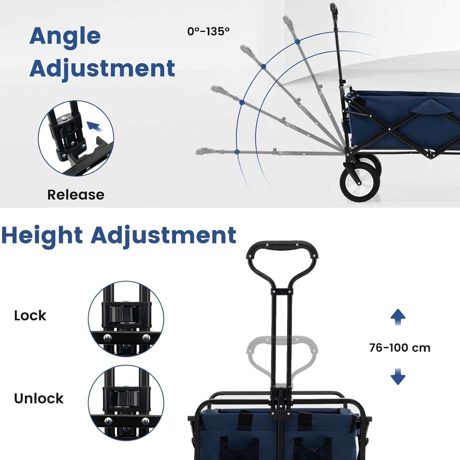 Navy Blue Folding Trolley Cart Collapsible Garden Wagon w/ Adjustable Handle