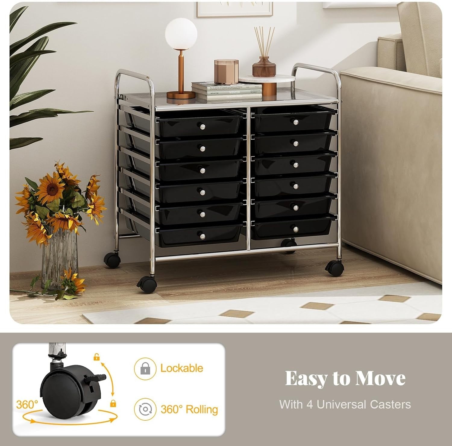 12 Drawer Rolling Storage Cart Utility Trolley Organizer Black Wheels