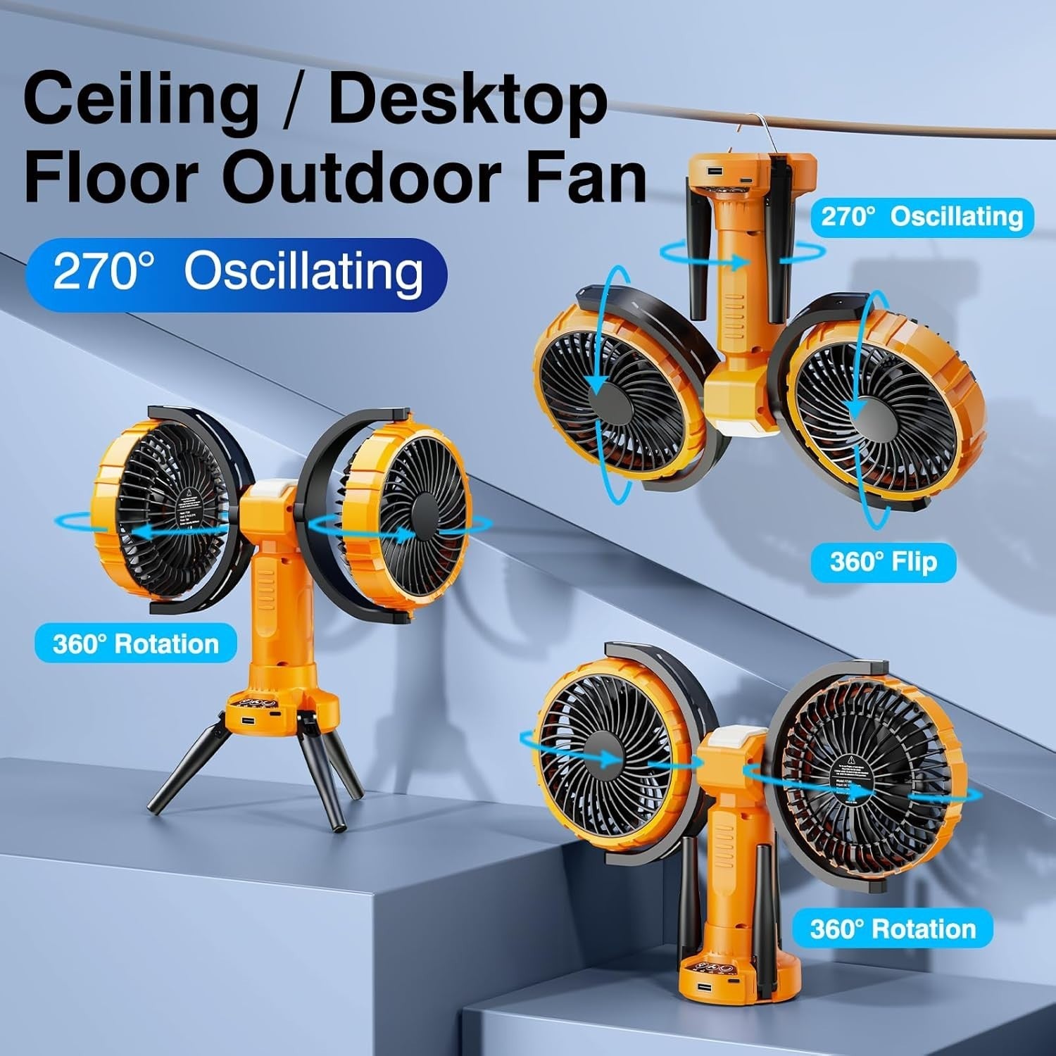 Yellow Camping Fan with LED Light – 4-Speed 360° Oscillating USB Rechargeable