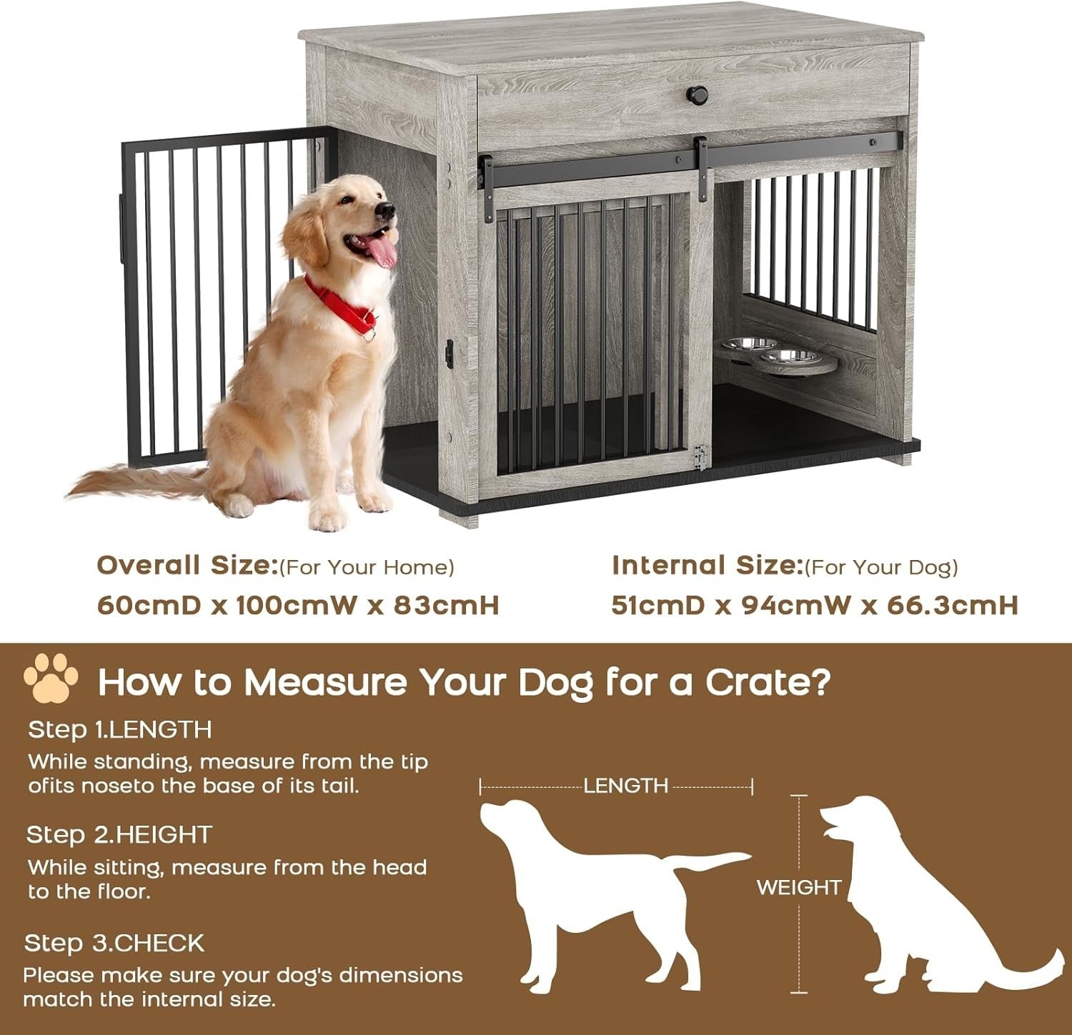 Large Indoor Wooden Dog Crate with Sliding Doors, Drawer & Rotatable Bowl